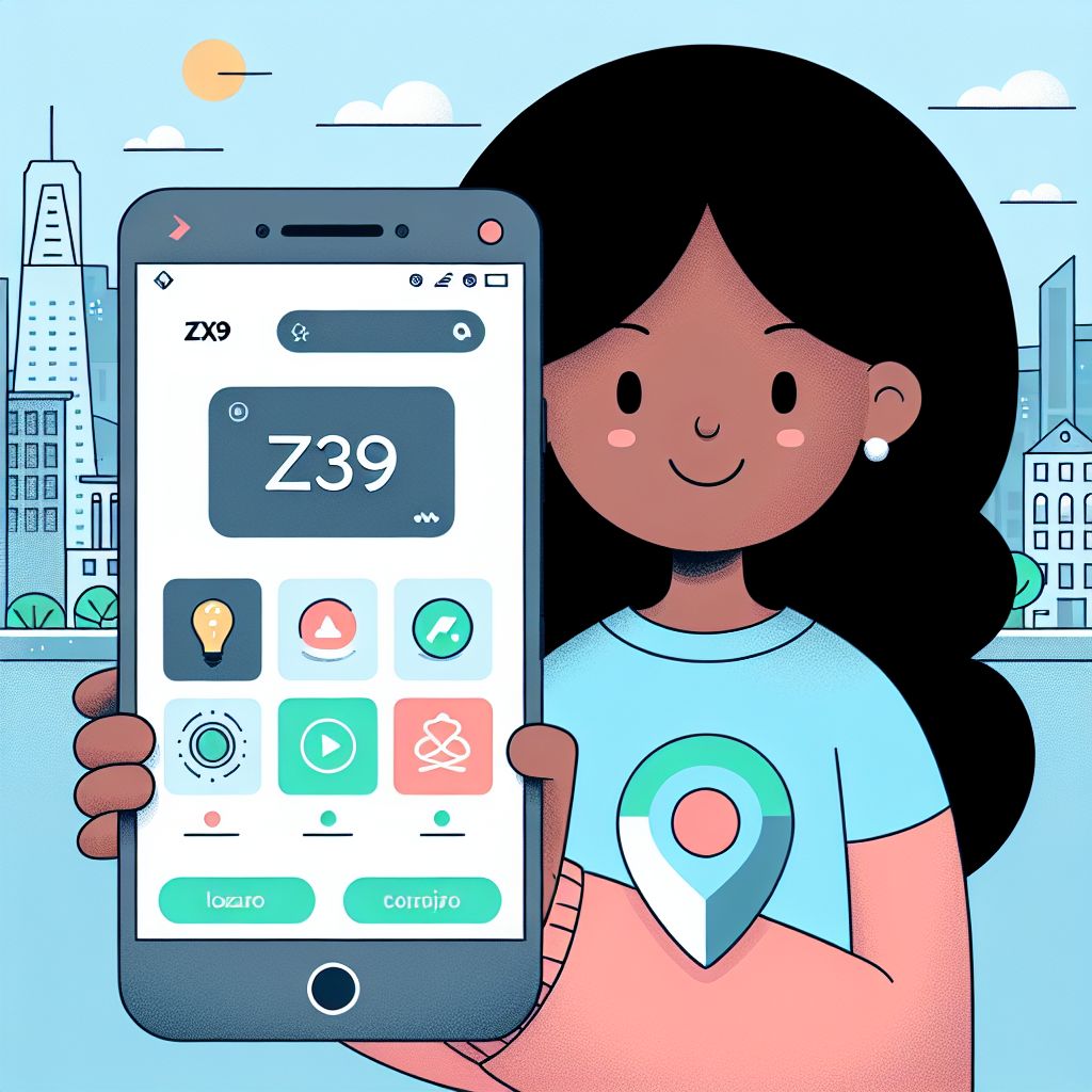 Cartoon character holding a smartphone with a zx39 app screen and Brazilian city elements in the background