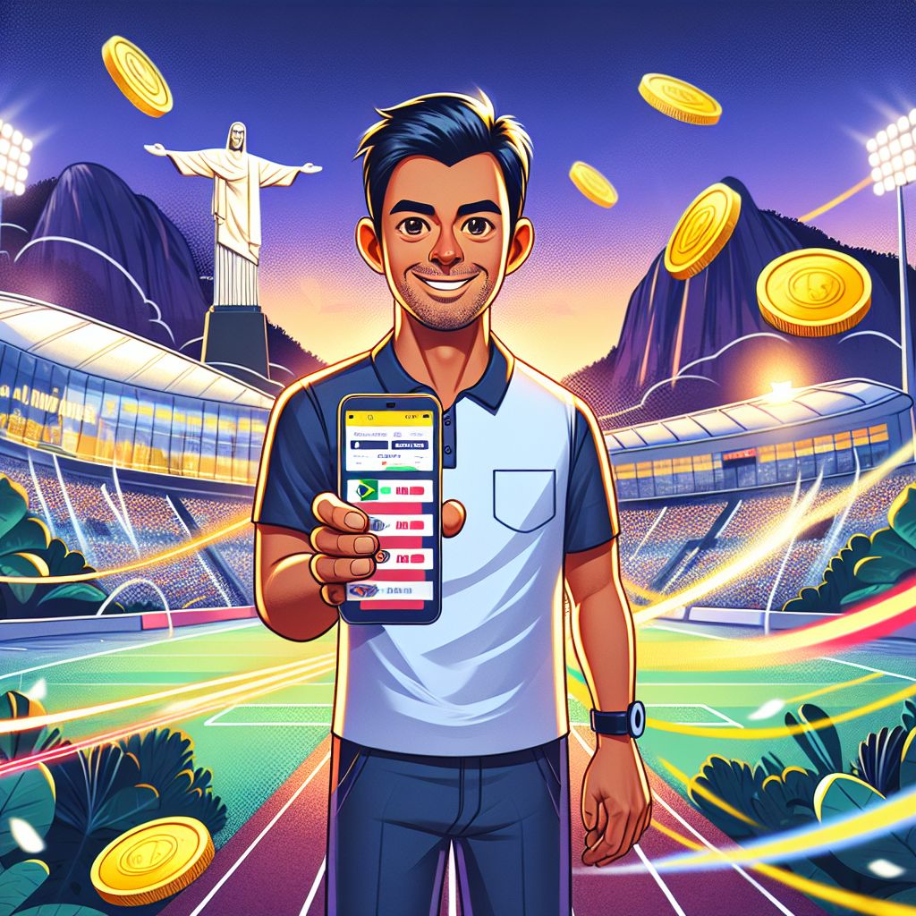 zx39 themed cartoon bettor with a phone, stadium background, and floating odds cards