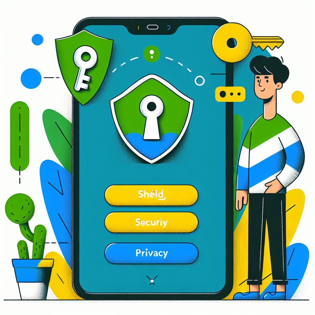 Cartoon character unlocking a secure login portal with a smartphone and shield icons