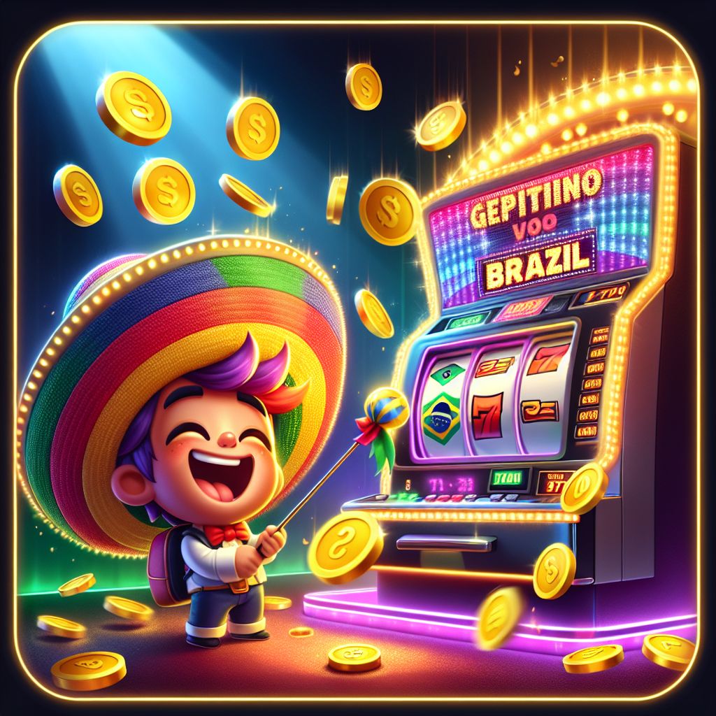 Cartoon character in Brazil-themed setting spinning a slot machine with coins and jackpot lights